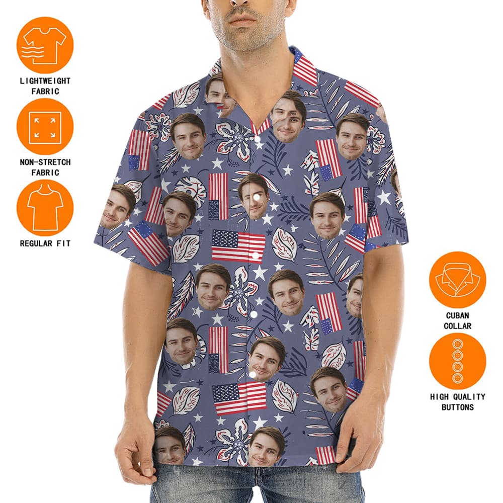 Custom Face American Flag Retro Style Hawaiian Shirt