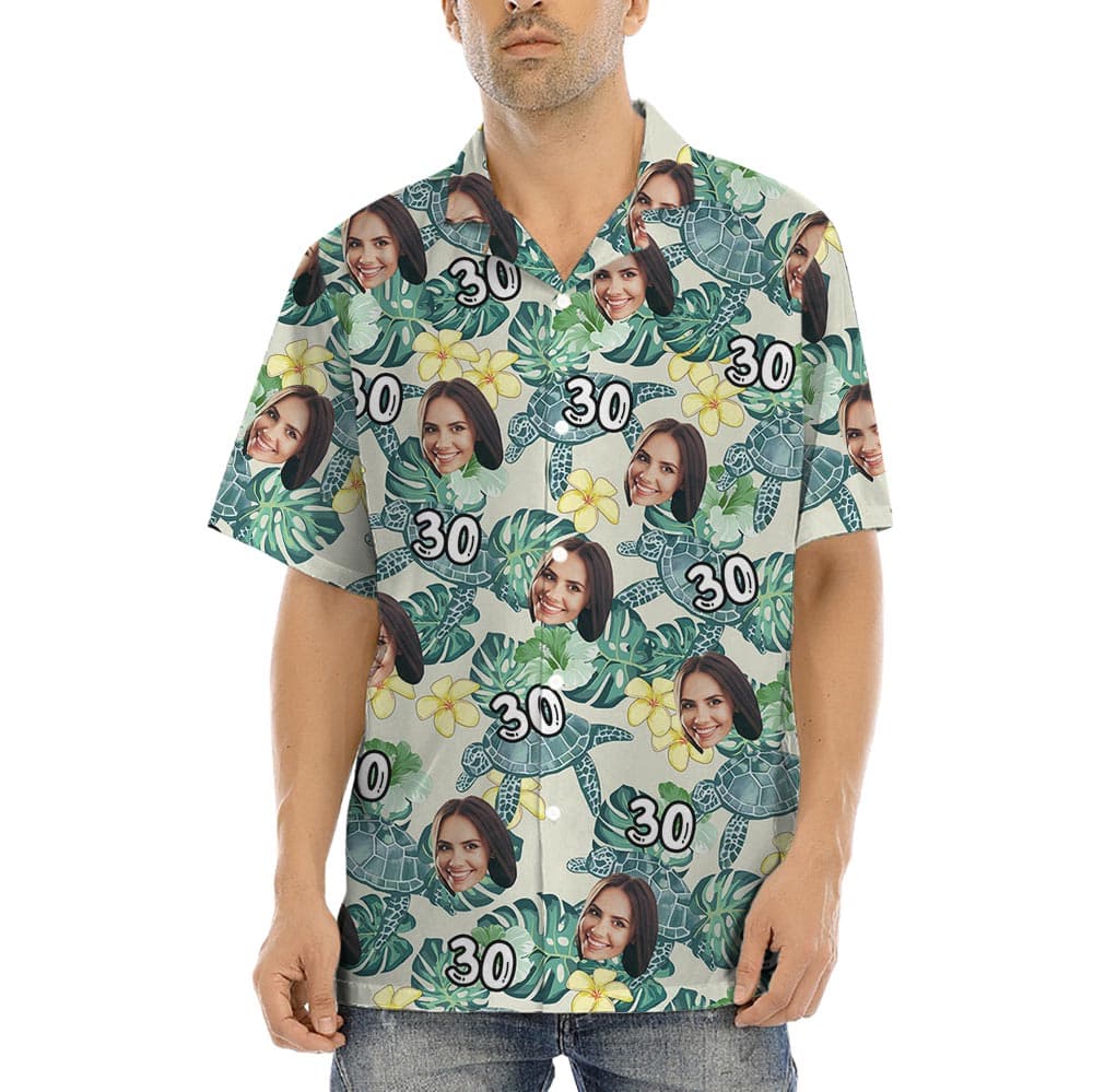 Custom Face And Age Turtle Hawaiian Shirt has an unique print and can be used for birthday shirts