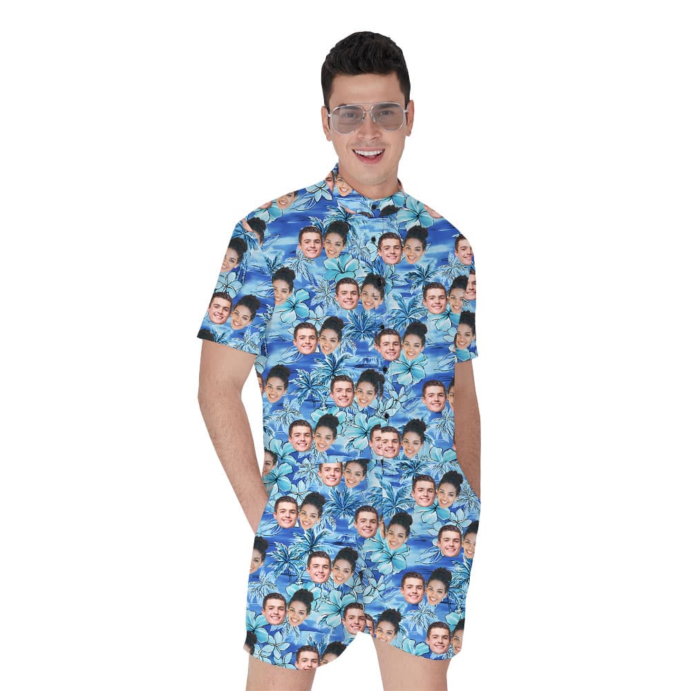 Custom Face Men's Romper With Blue Floral Print