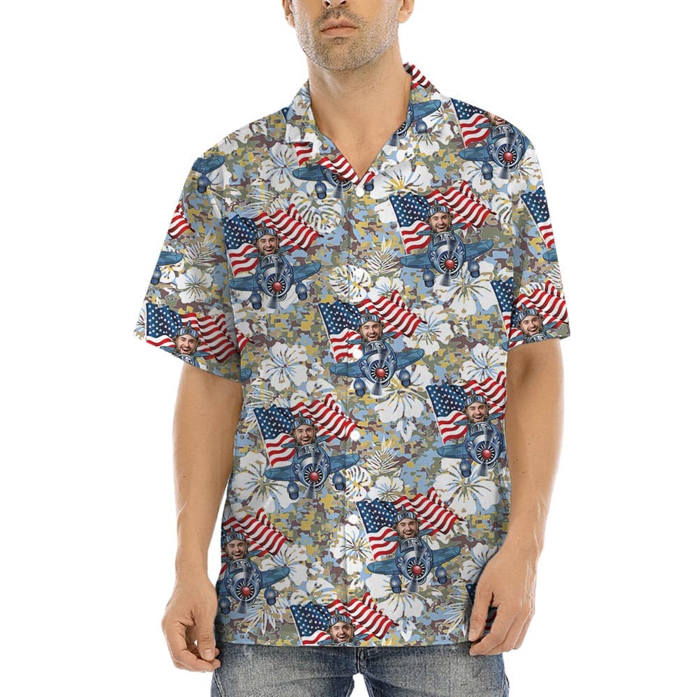 Custom Face Military Camouflage Hawaiian Shirt Men has a unique print related to USA Military Force with a plane having a USA flag on it