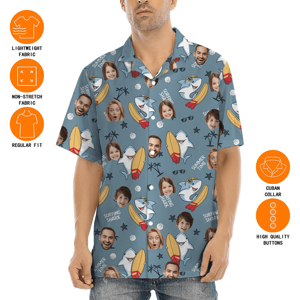 Custom Face Shark Surfing Hawaiian Shirt