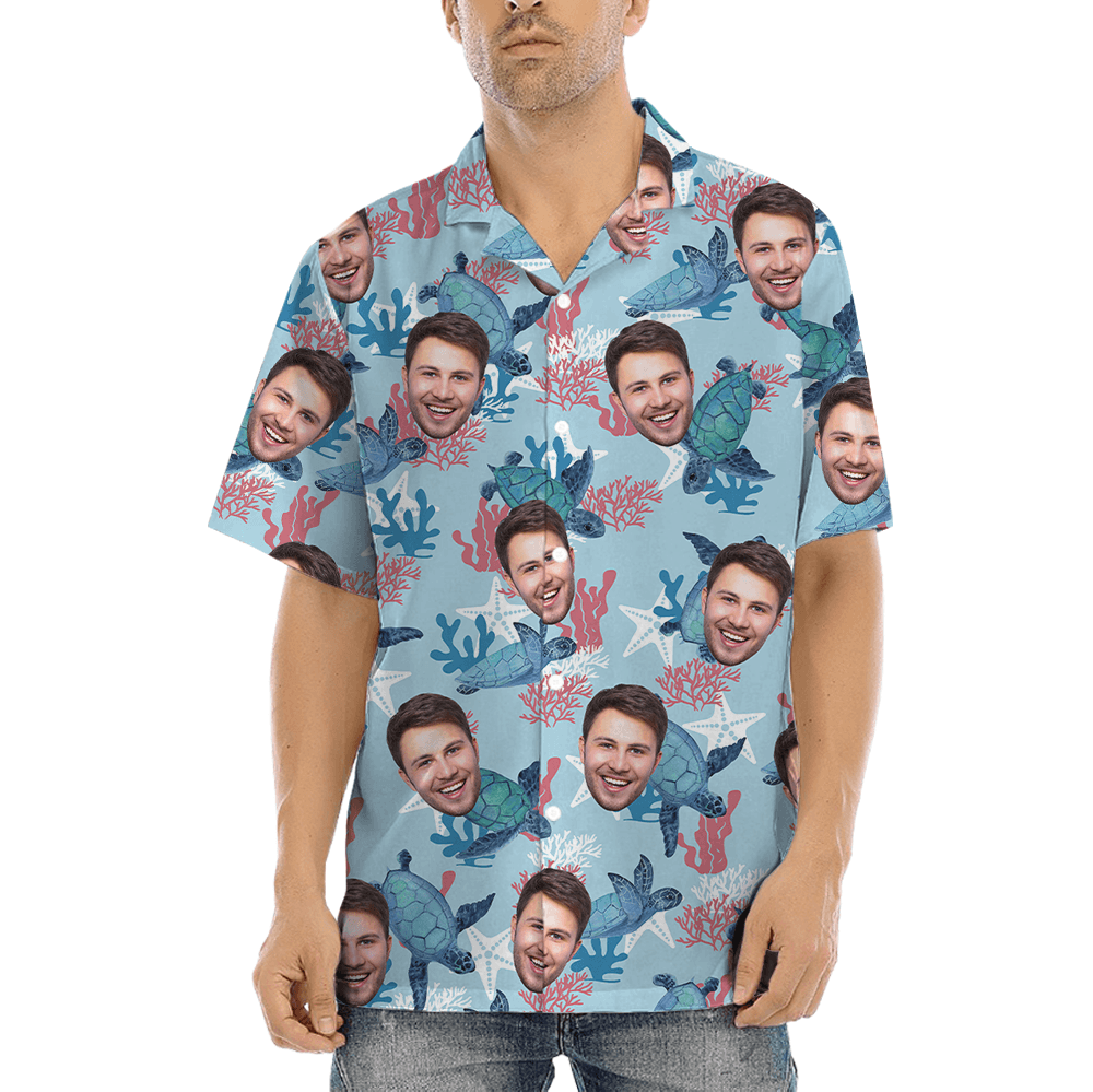 Custom Face Turtle Vintage Blue Aloha Shirt (1)