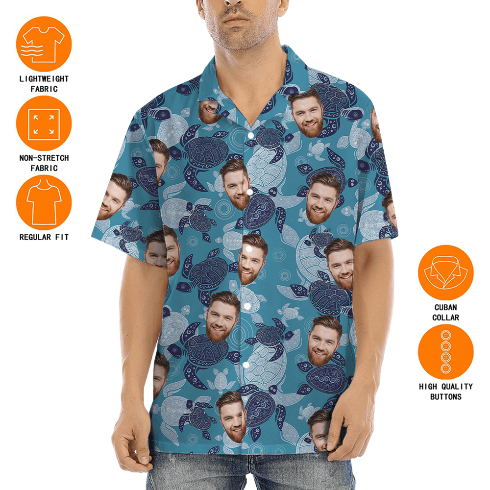 Custom Face Turtle Vintage Blue Hawaiian Shirt