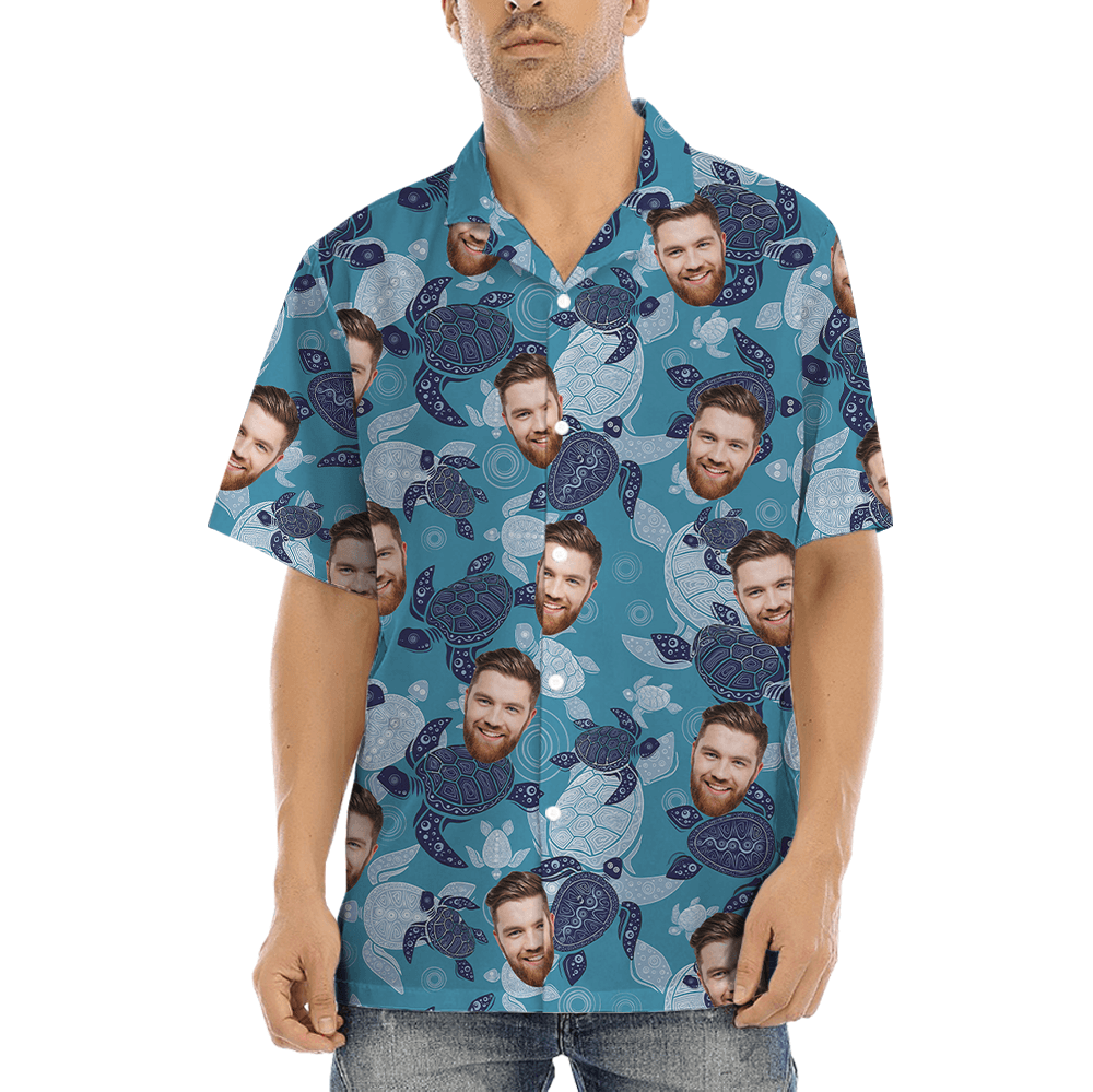 Custom Face Turtle Vintage Blue Hawaiian Shirt (5)