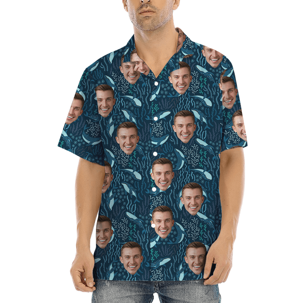 Custom Face Whale Navy Hawaiian Shirt (7)