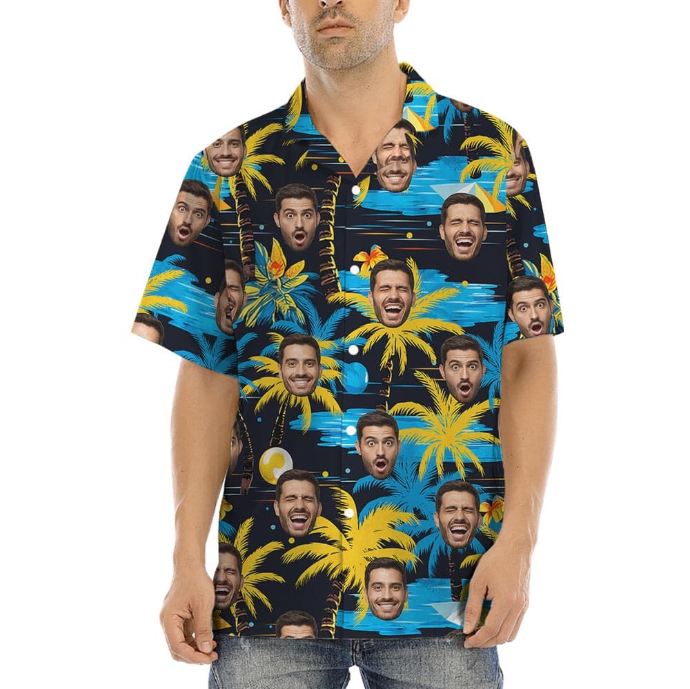 Custom Faces Black Tropical Shirt For Men allows custom multiple faces on the palm tree shirt design