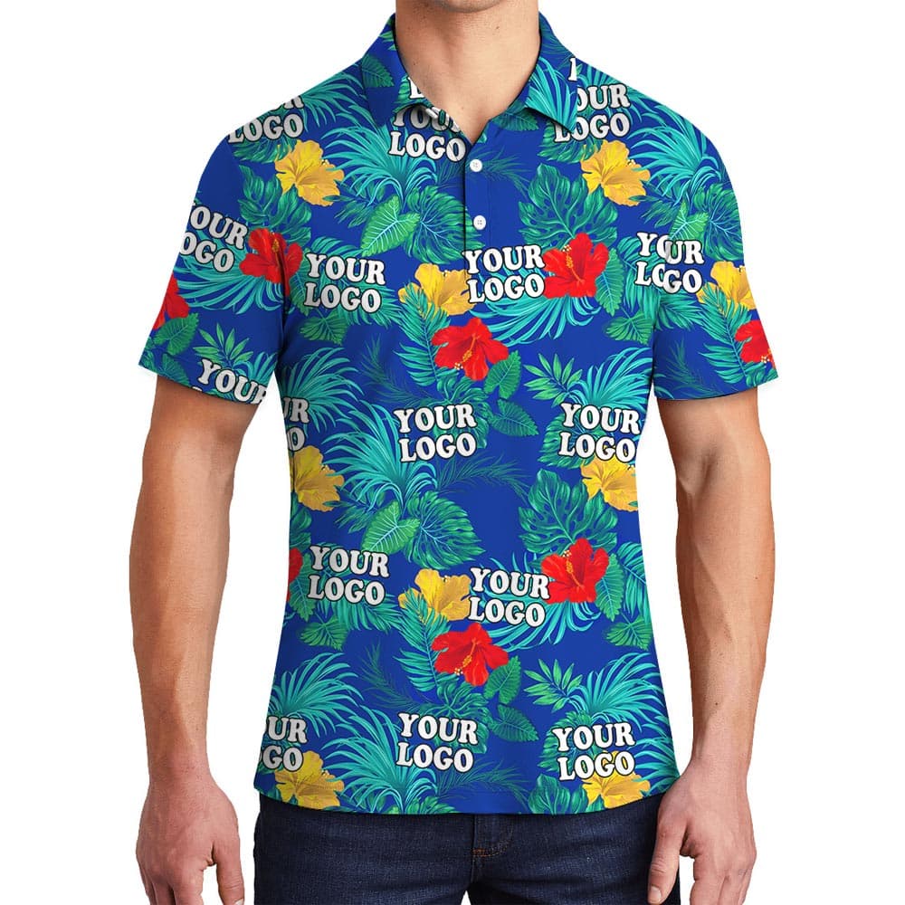 Custom Floral Hawaiian Golf Shirt With Logo on a male model