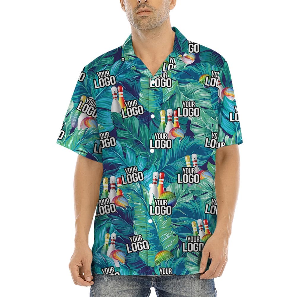 Custom Hawaiian Bowling Shirt With Team Logo has a green tropical theme with bowling images and features your team logo