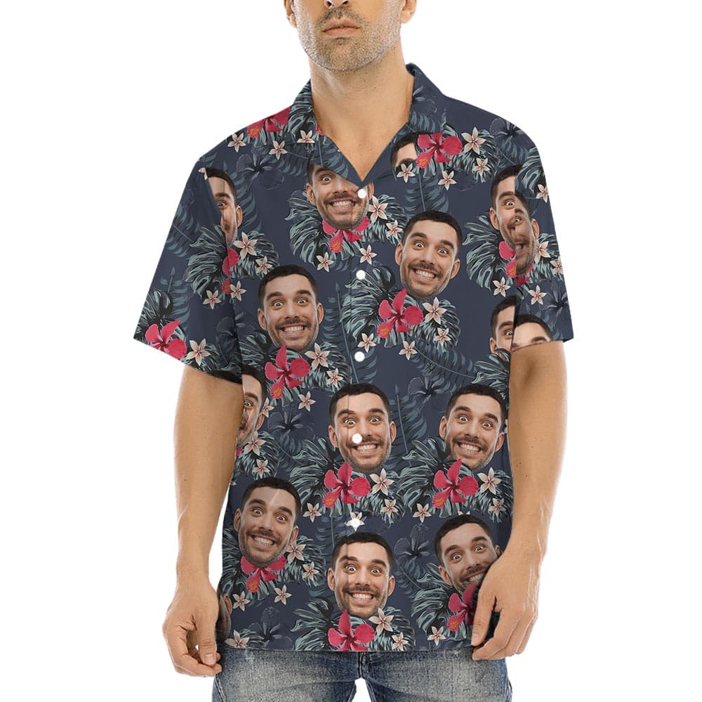 Custom Hibiscus Plumeria Aloha Shirt With Your Faces with button up style and navy background mixed with flowers