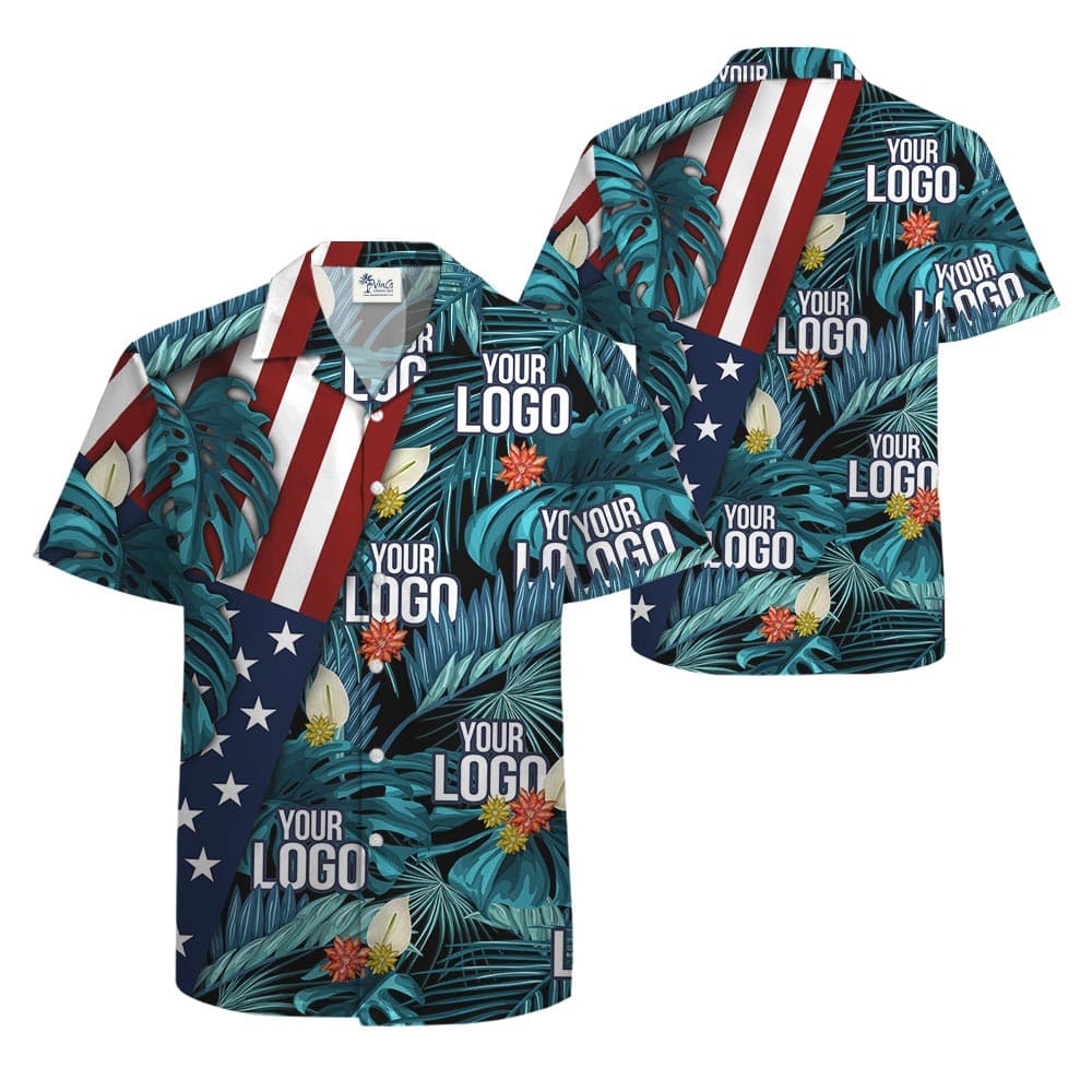 Custom Logo 4th Of July Hawaiian Button Shirt front and back view
