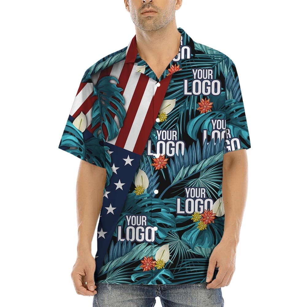 Custom Logo 4th Of July Hawaiian Button Shirt with tropical theme and American flag print