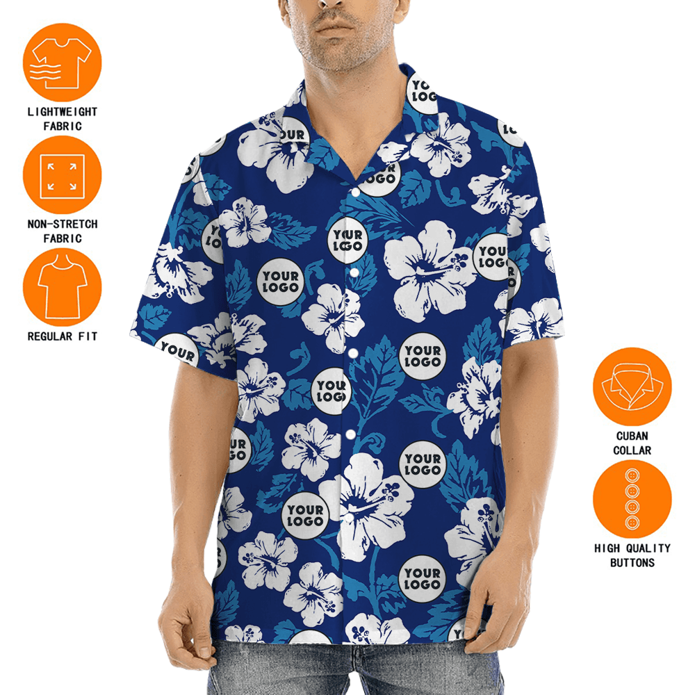 Custom Logo Hibiscus Navy Aloha Shirt