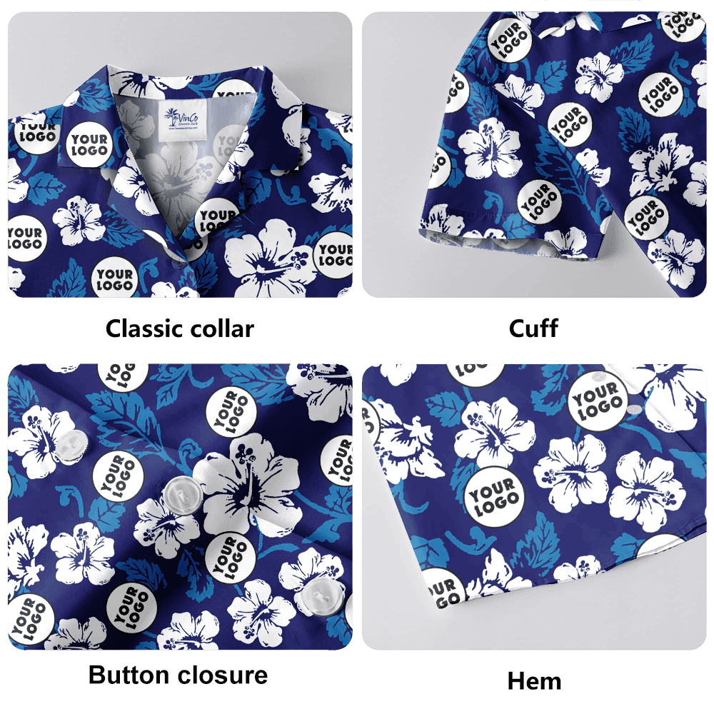 Custom Logo Hibiscus Navy Aloha Shirt