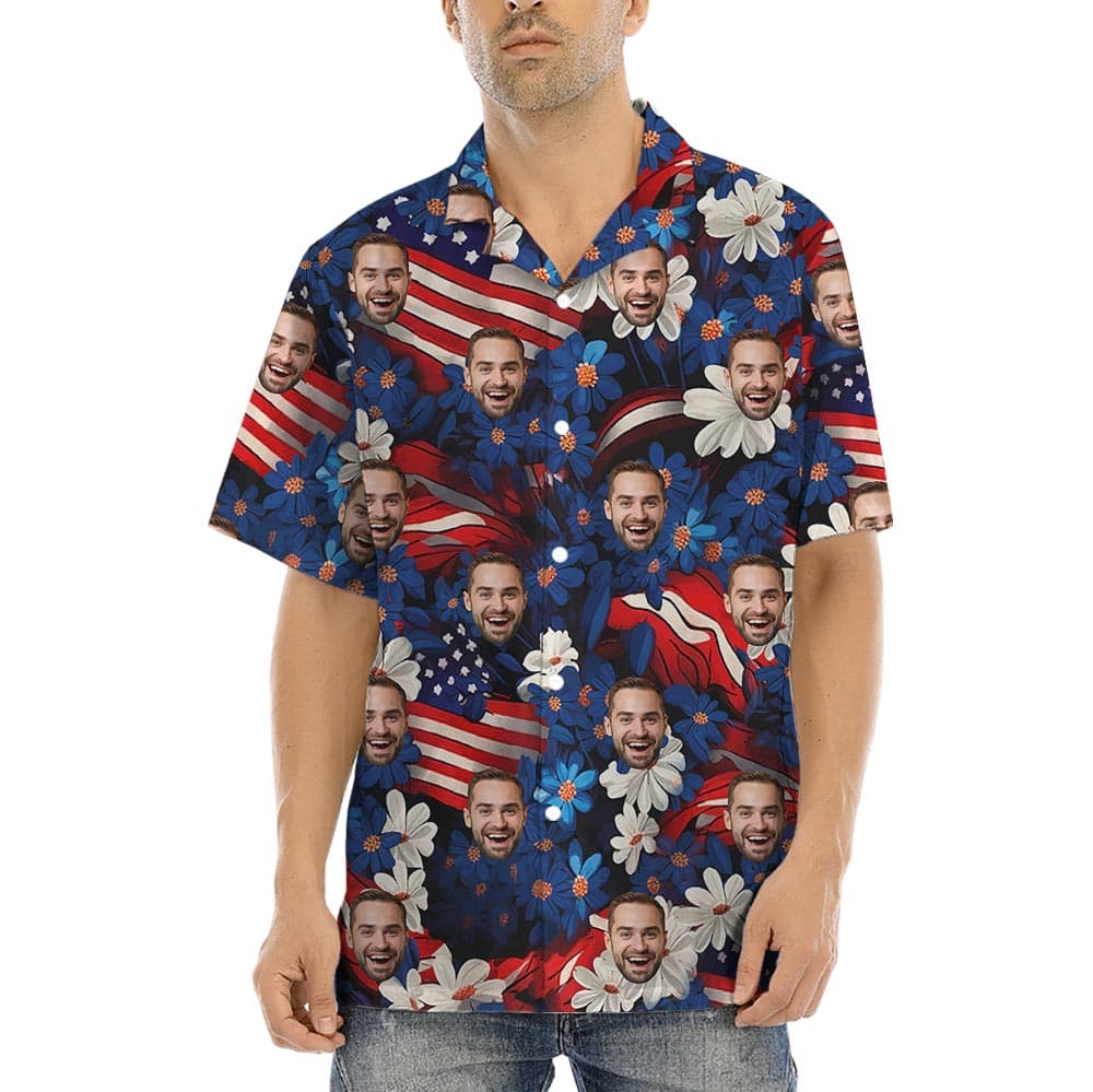 Custom Patriotic Floral Hawaiian Shirt Mens has a unique blue tropical theme with USA flag and custom face option