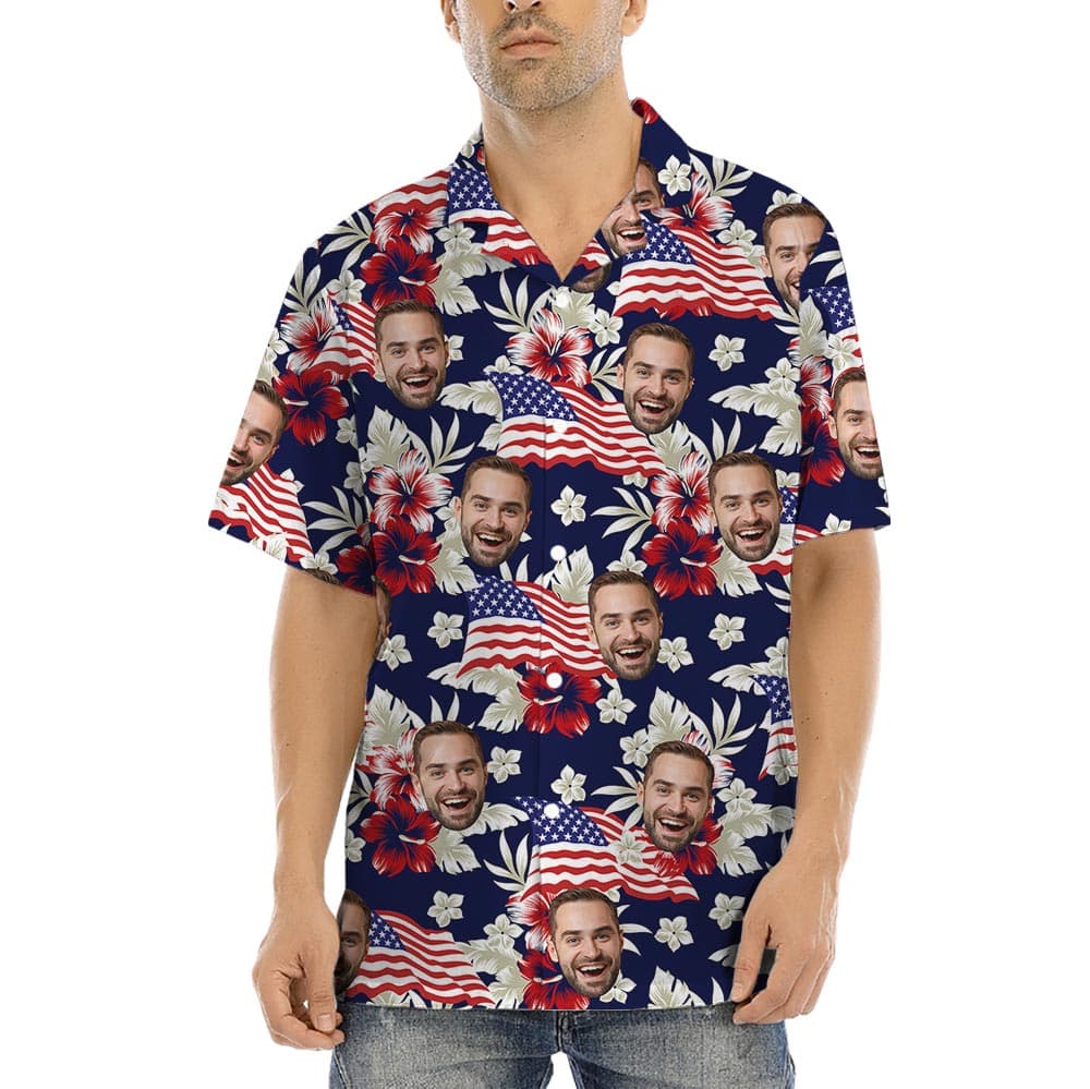 Custom Your Face On Patriotic Tropical Shirt has a floral print with hibiscus and USA flag all over print