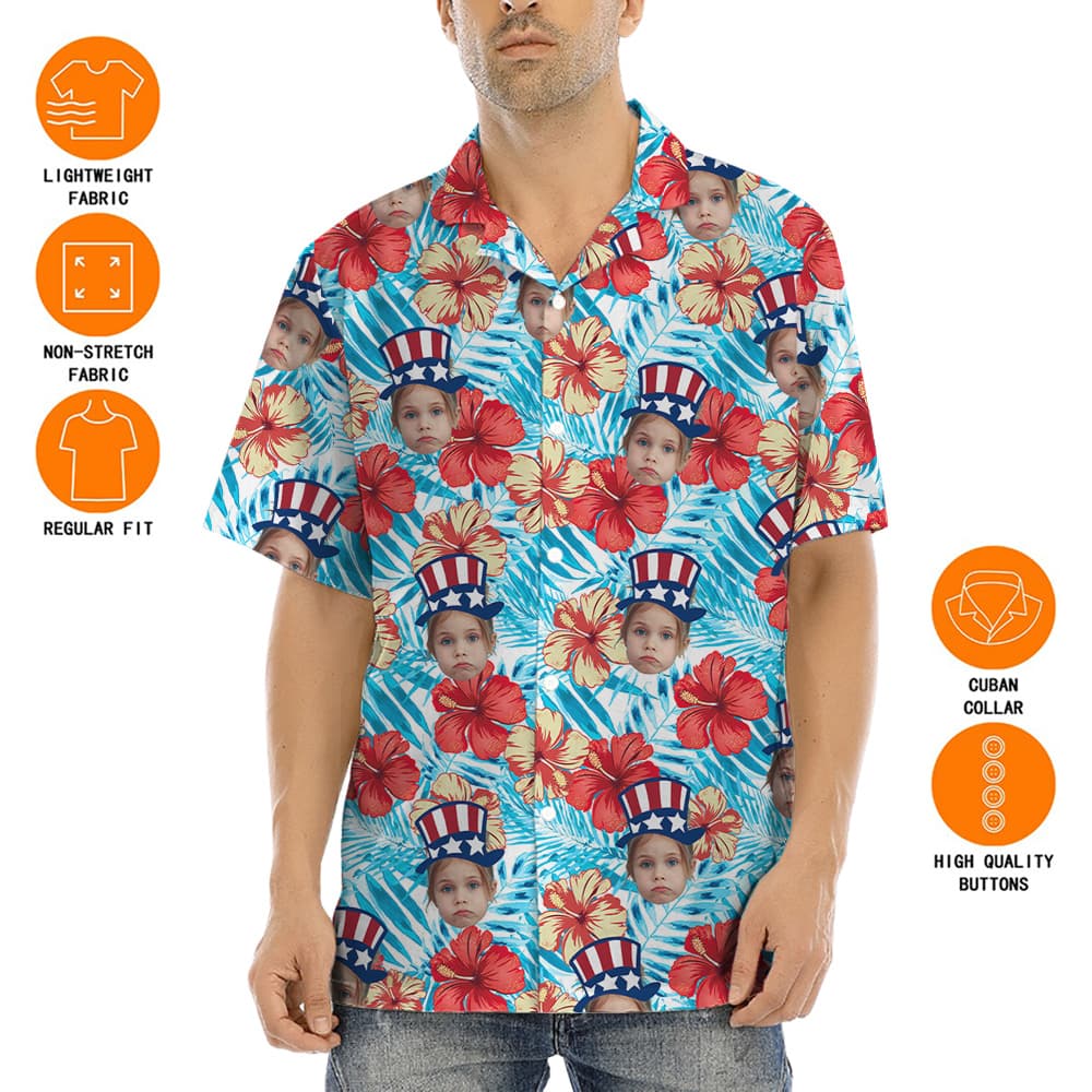 Cute Custom Face 4th Of July Hibiscus Hawaiian Shirt