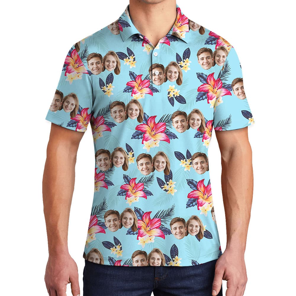 Floral Blue Men's Polo Shirt With Personalized 1-5 Faces