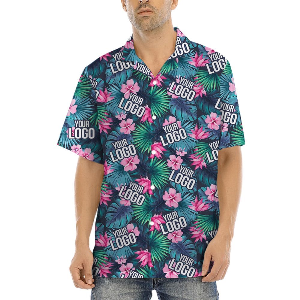 Floral Custom Hawaiian Shirts With Company Logo with pink flowers on tropical theme and your logo images