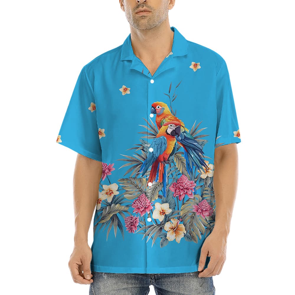 Floral Parrot Blue Hawaiian Shirt for Men1