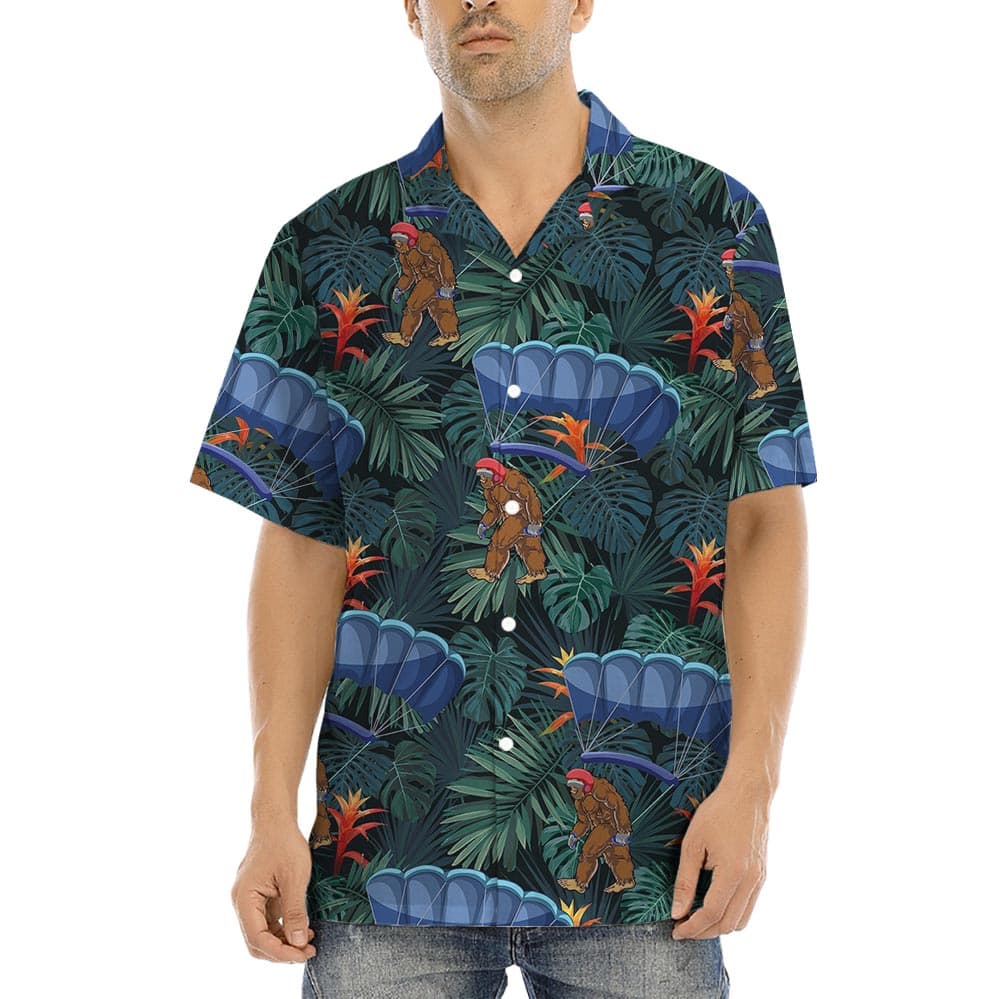 Funny Bigfoot Skydiving Hawaiian Shirt For Men has a tropical print with funny bigfoot going skydiving!