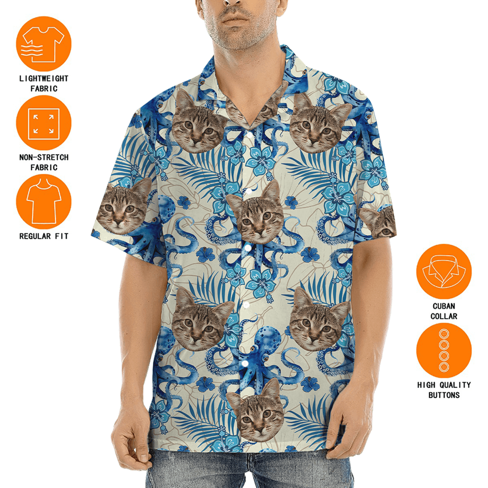 Funny Custom Cat Face Octopus Blue Hawaiian Shirt