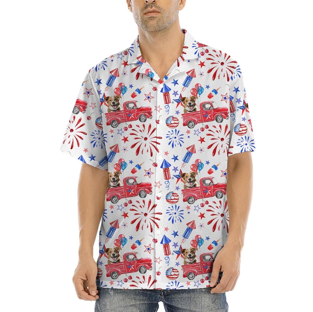 Funny Custom Dog Photo Patriotic Hawaiian Shirt featuring a festive patriotic theme with fireworks and custom your pet sitting on a red car