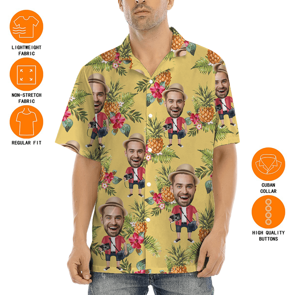 Funny Custom Face Floral Pineapple Yellow Hawaiian Shirt