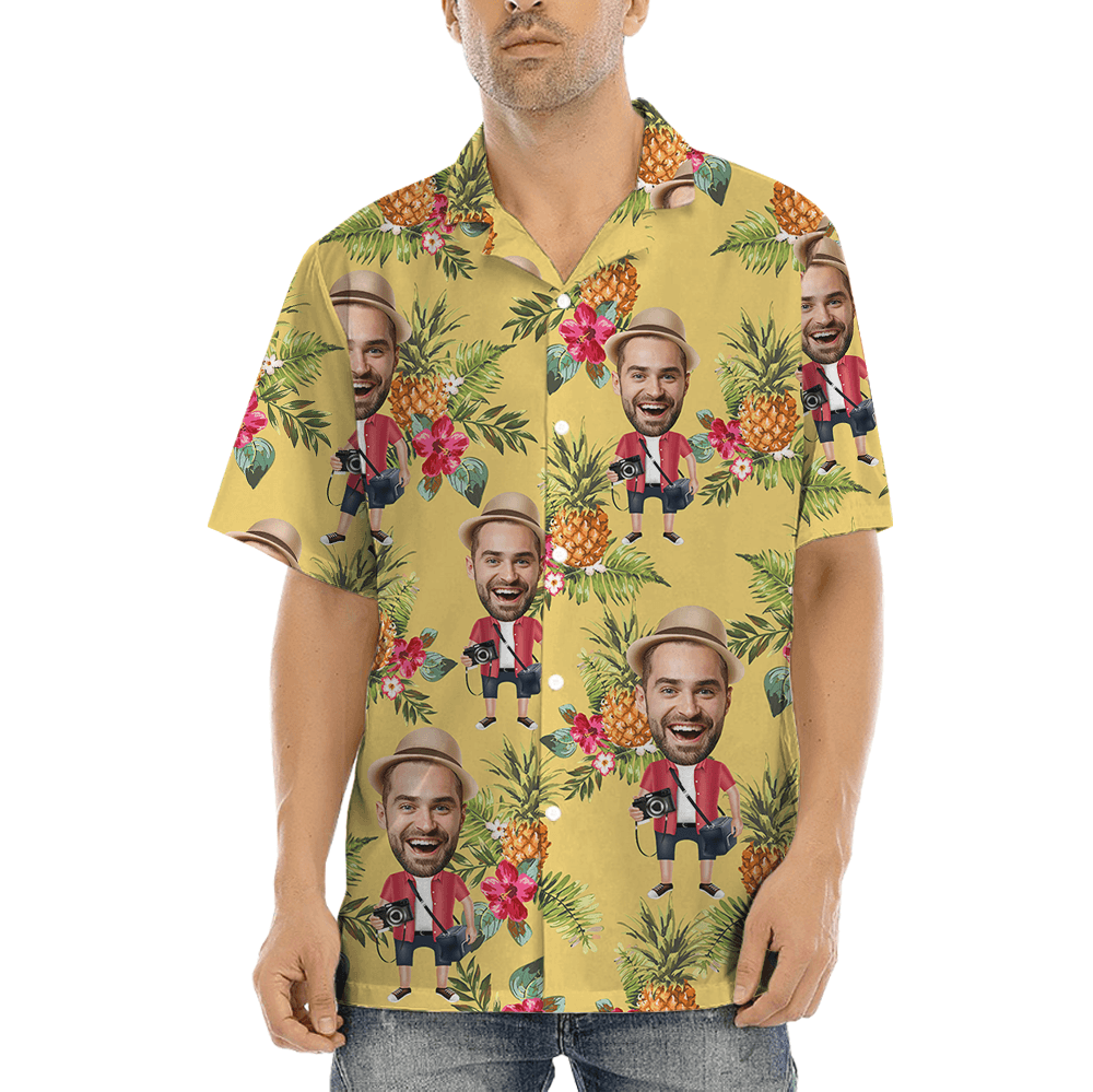 Funny Custom Face Floral Pineapple Yellow Hawaiian Shirt (2)