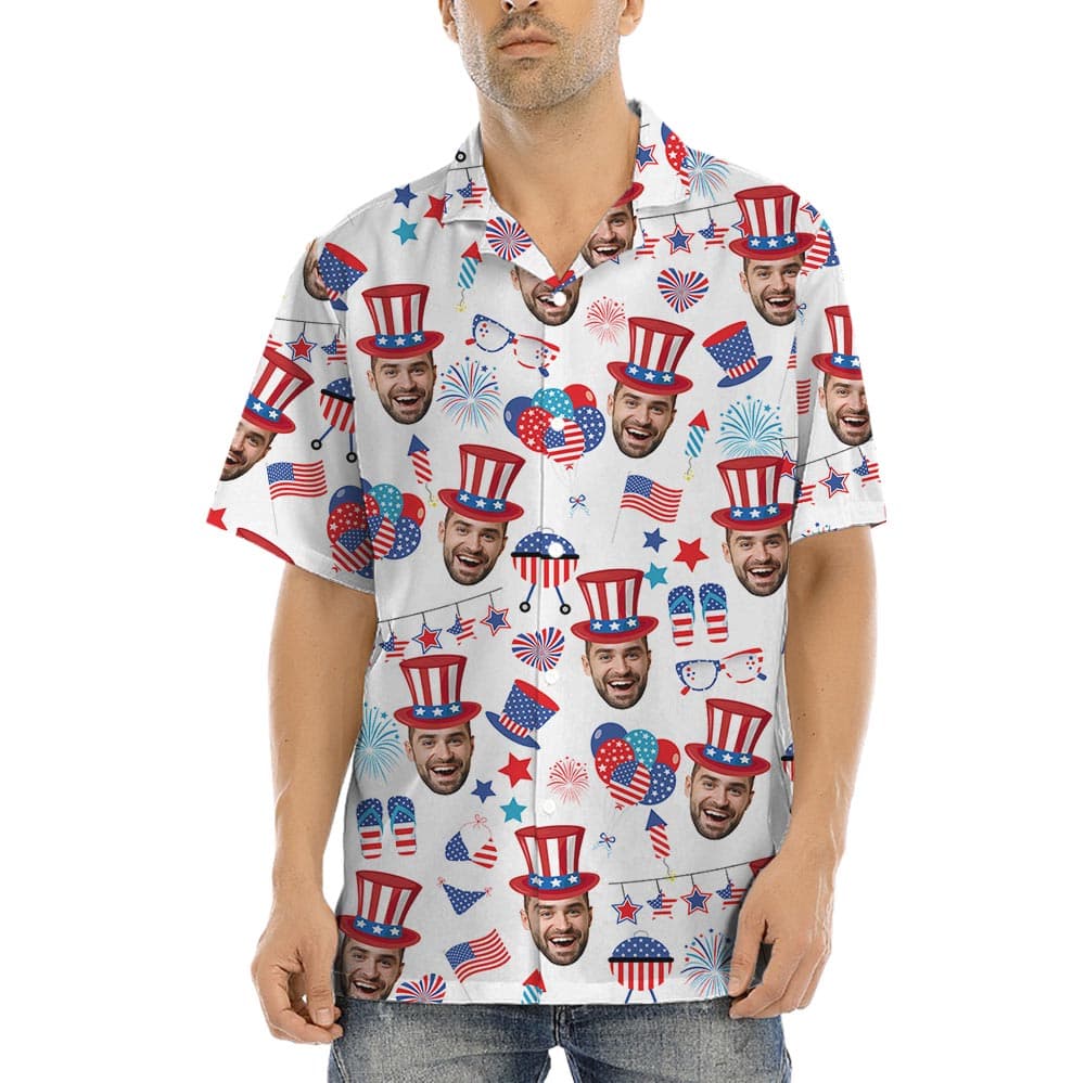 Funny Custom Face Men 4th of July Hawaiian Shirt featuring your face on a Patriotic party them, looks so fun!