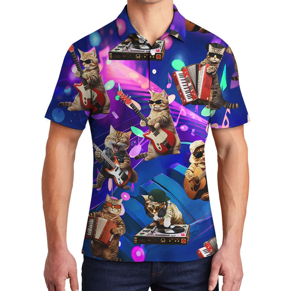 Funny Music Cat Men's Polo Golf Shirt1