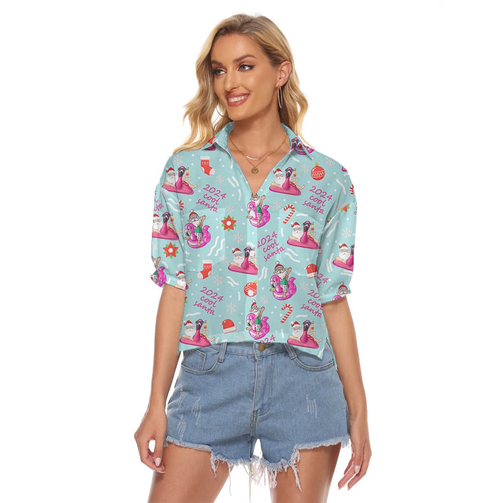 Funny Santa Flamingo Hula Xmas Women Cropped Shirt1