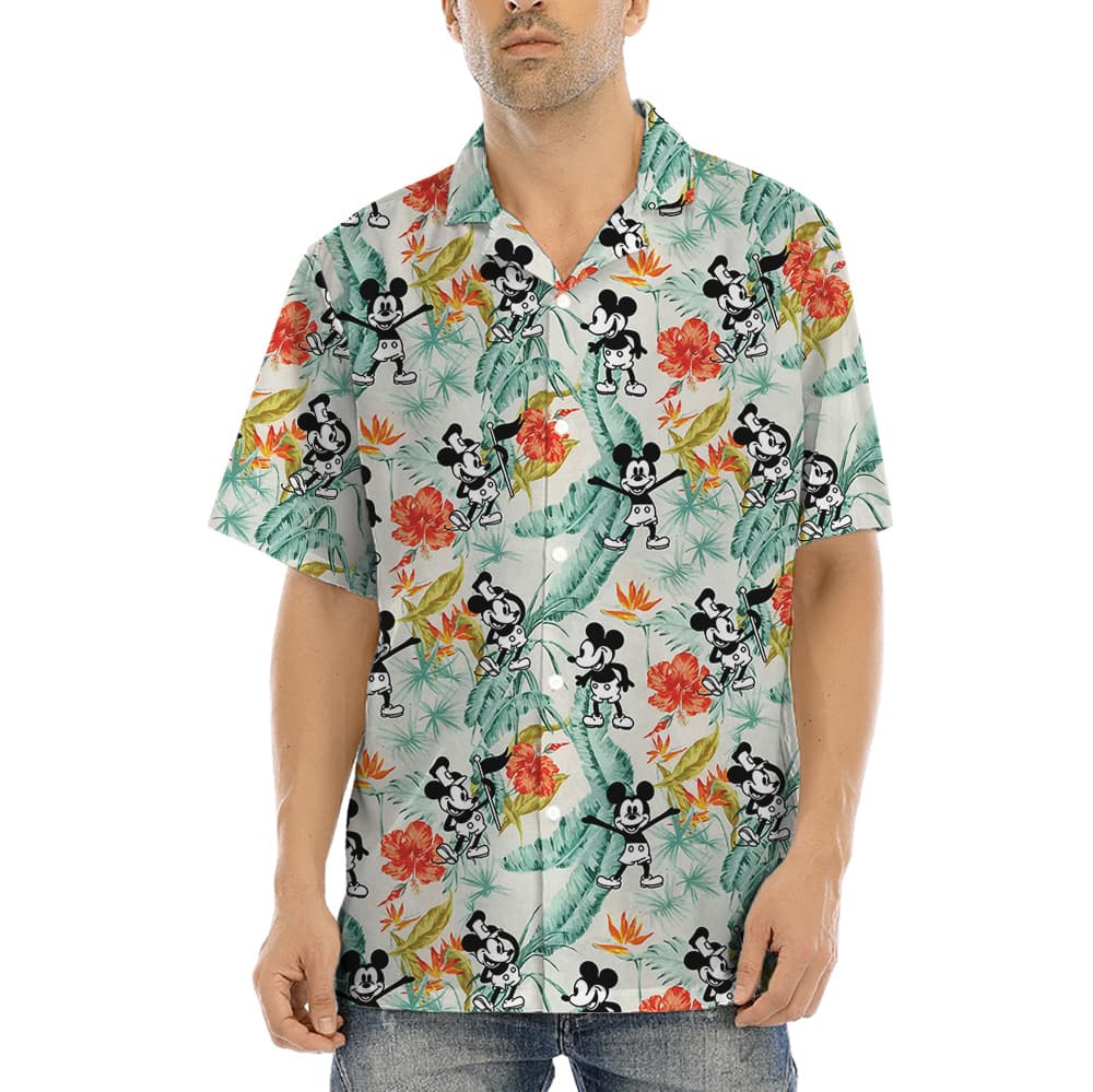 Happy Mickey Steamboat Willie Green Tropical Shirt1