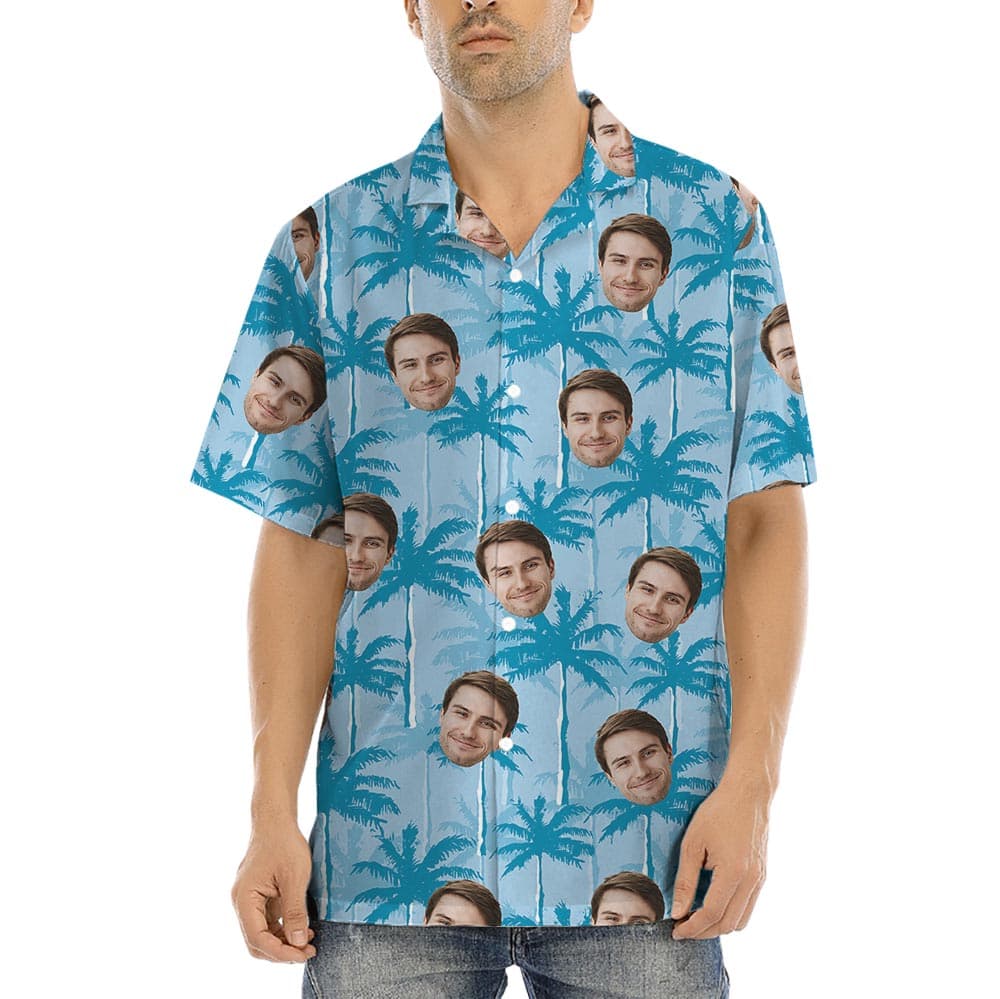 Hawaiian Shirt With 1-5 Pictures On Them has a beautiful blue theme with palm trees and custom face option