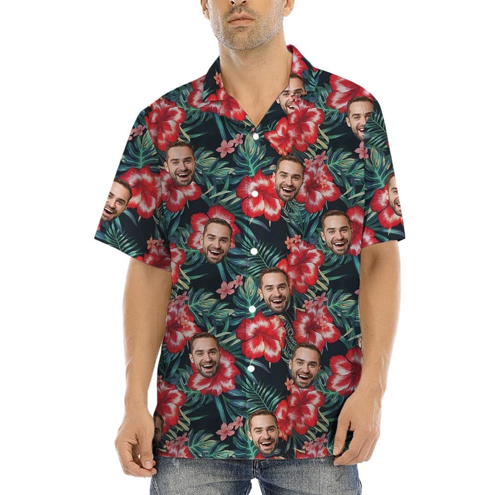 Hibiscus Plumeria Hawaiian Shirt With Custom Faces on a tropical theme, button up style