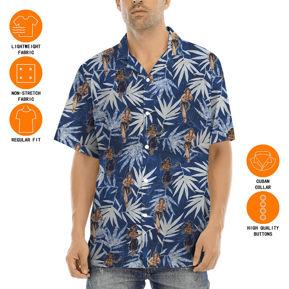 Hula Girl Dancing Vintage Blue Hawaiian Shirt