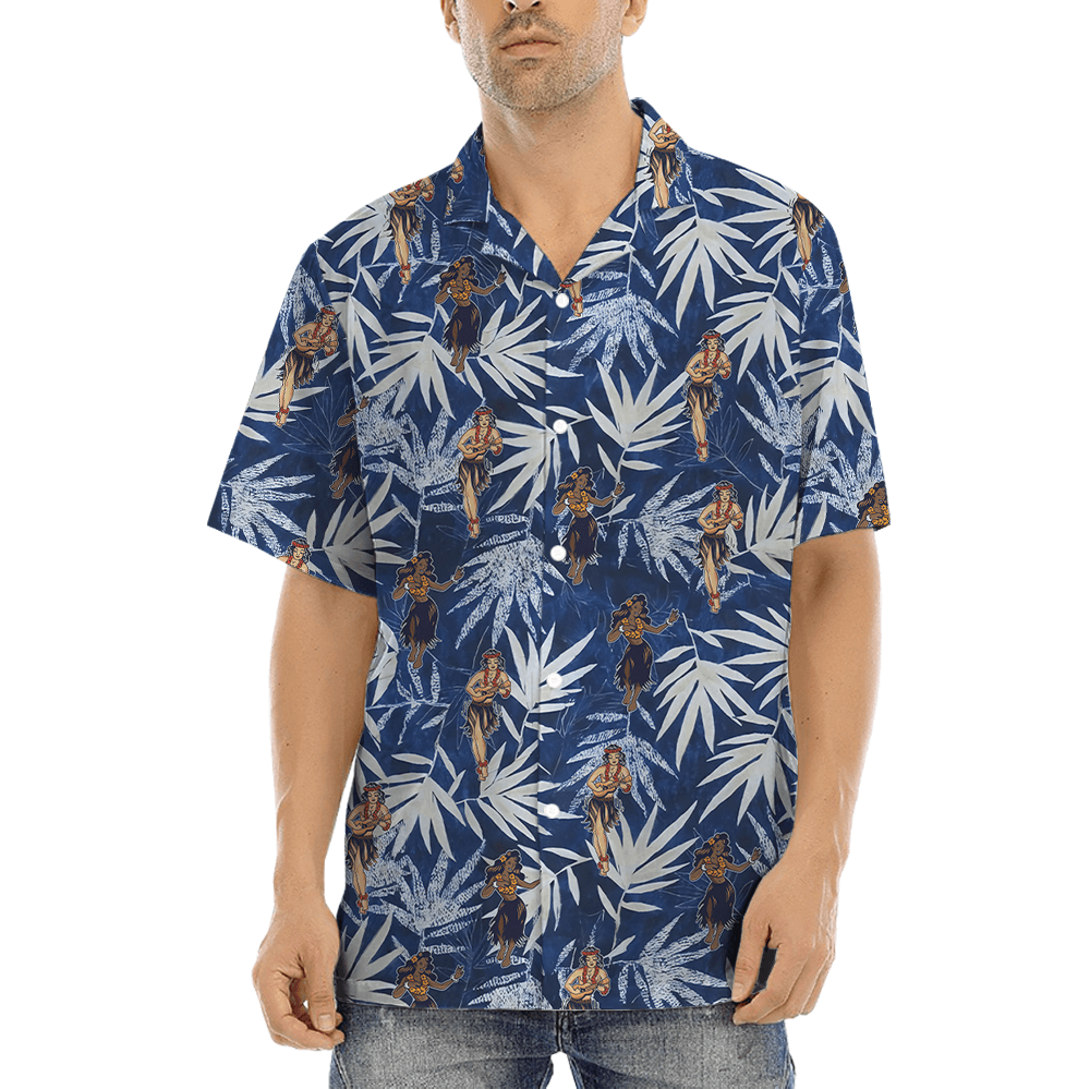 Hula Girl Dancing Vintage Blue Hawaiian Shirt (2)