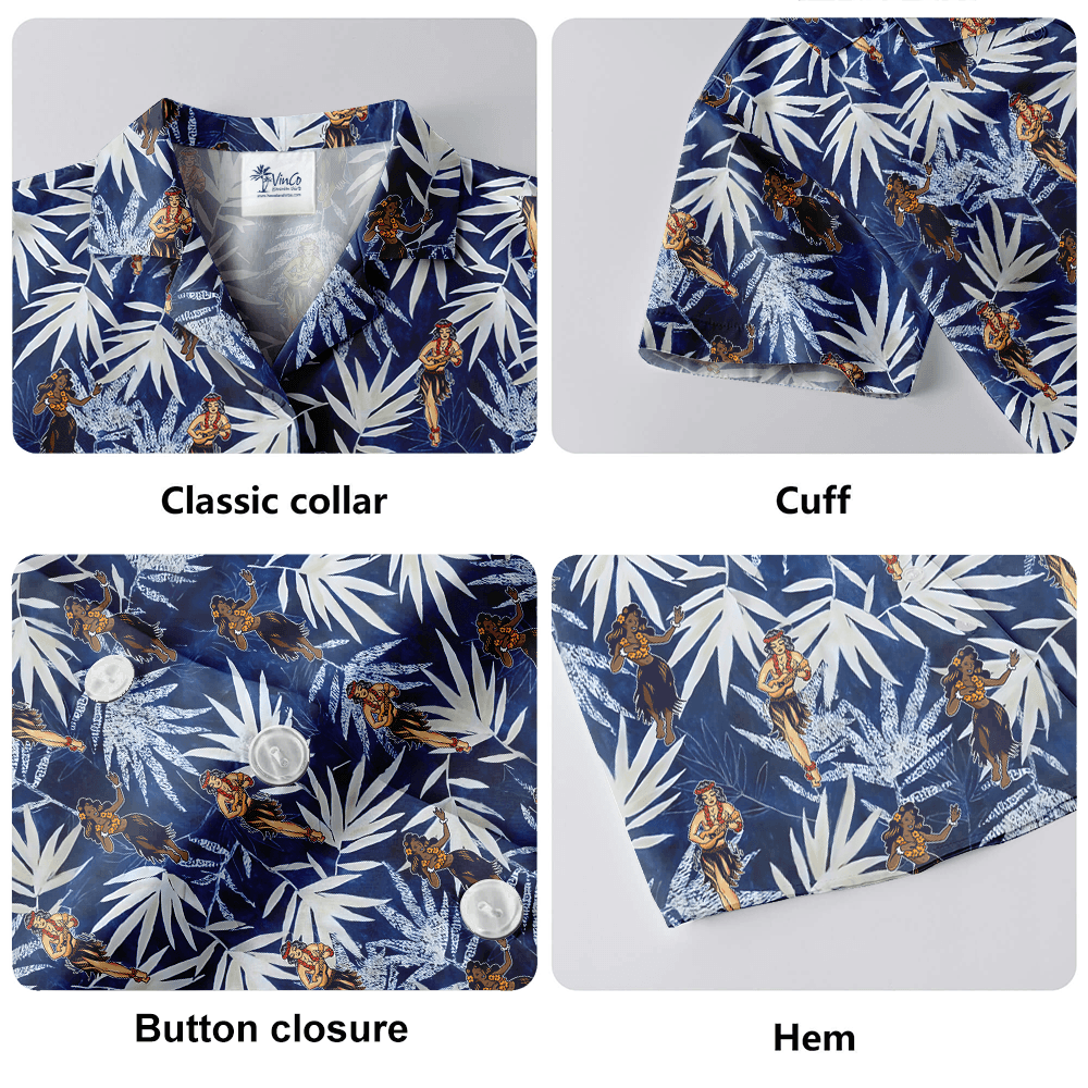 Hula Girl Dancing Vintage Blue Hawaiian Shirt