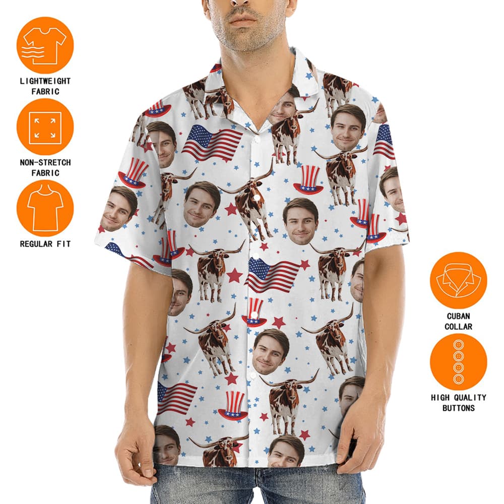 Longhorn American Flag Hawaiian Shirt With Custom Face