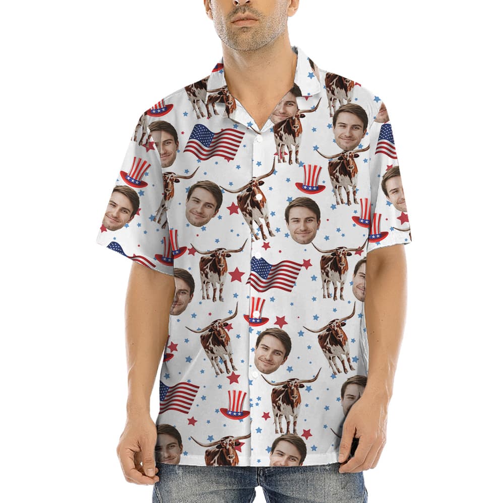 Longhorn American Flag Hawaiian Shirt With Custom Face (2)