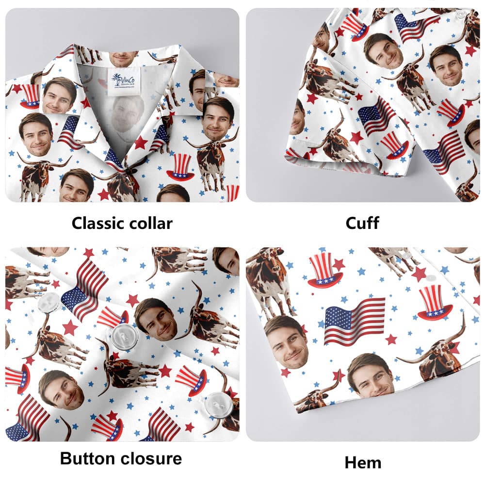 Longhorn American Flag Hawaiian Shirt With Custom Face