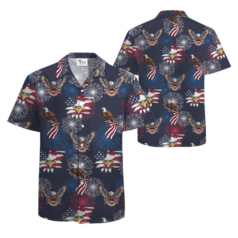 Men's American Eagle Hawaiian Shirt Navy with blue white and red color theme of American flag