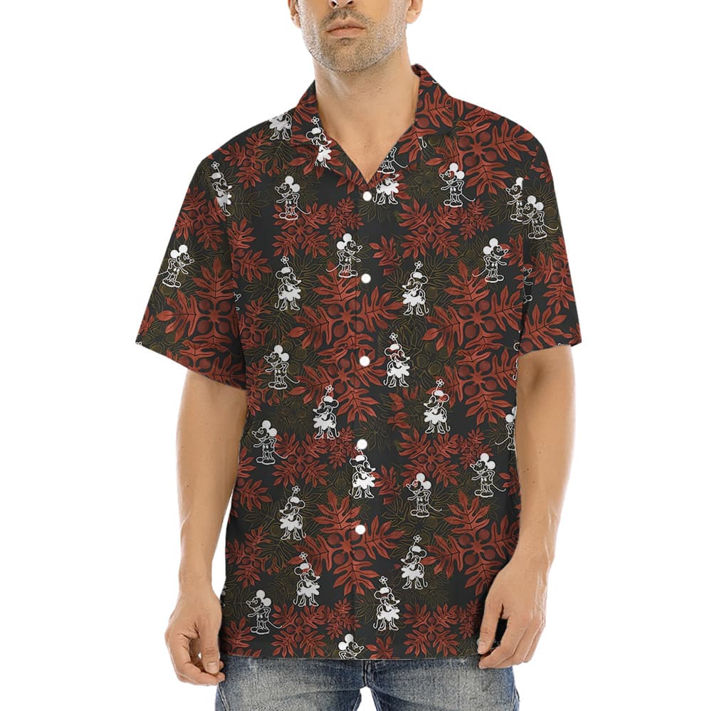 Mickey Steamboat Willie 1928 Hula Shirt Red Leaves Pattern1