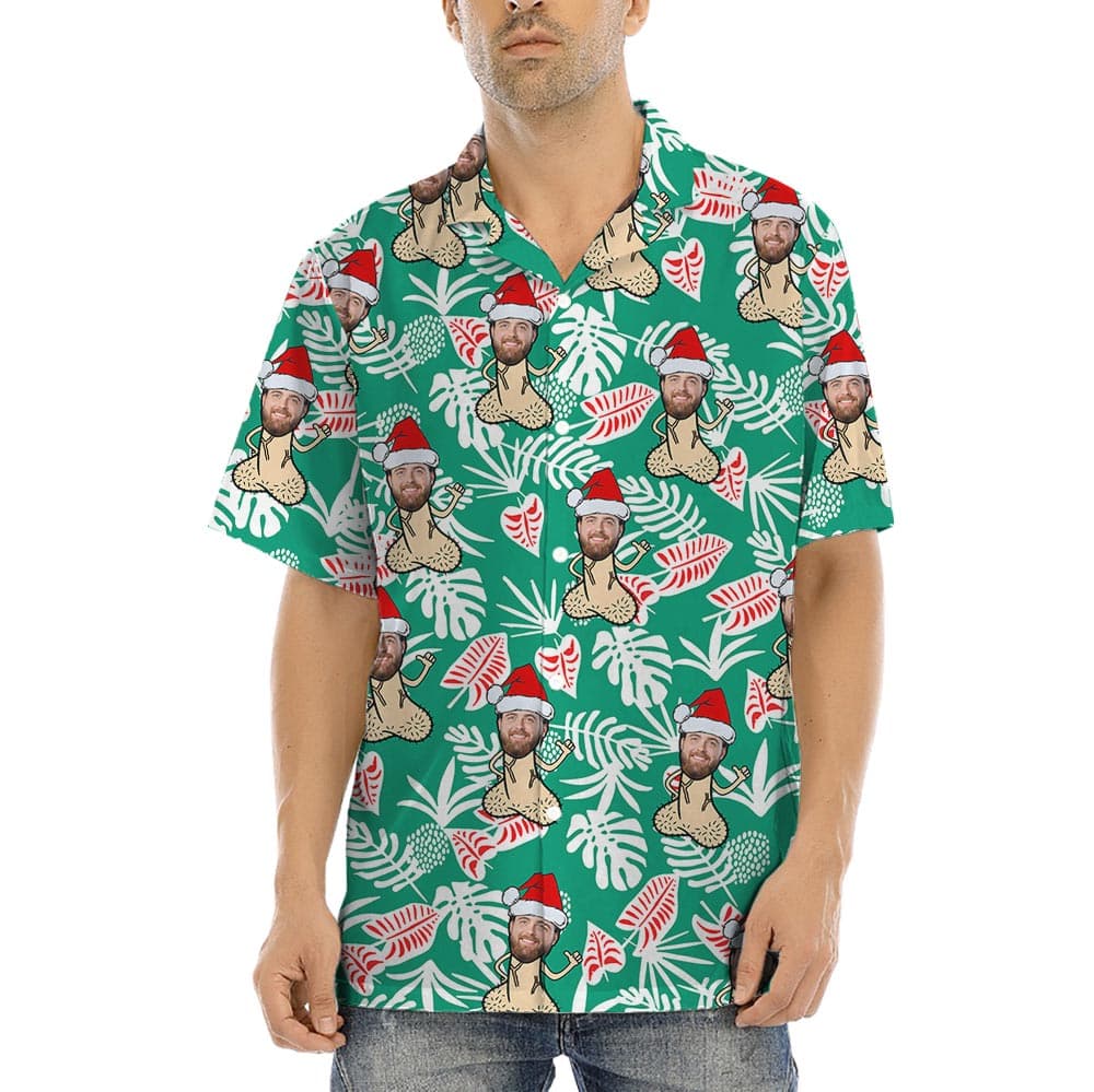 Naughty Custom Face Christmas Hawaii Shirt For Men has an inappropriate print