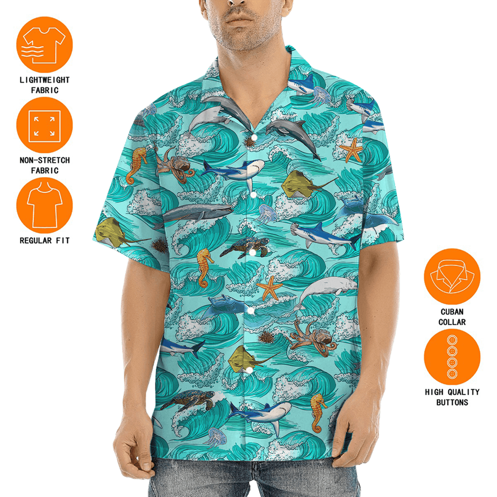 Ocean Creatures Blue Hawaiian Shirt