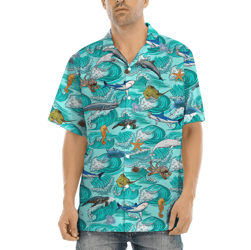 Ocean Creatures Blue Hawaiian Shirt (2)