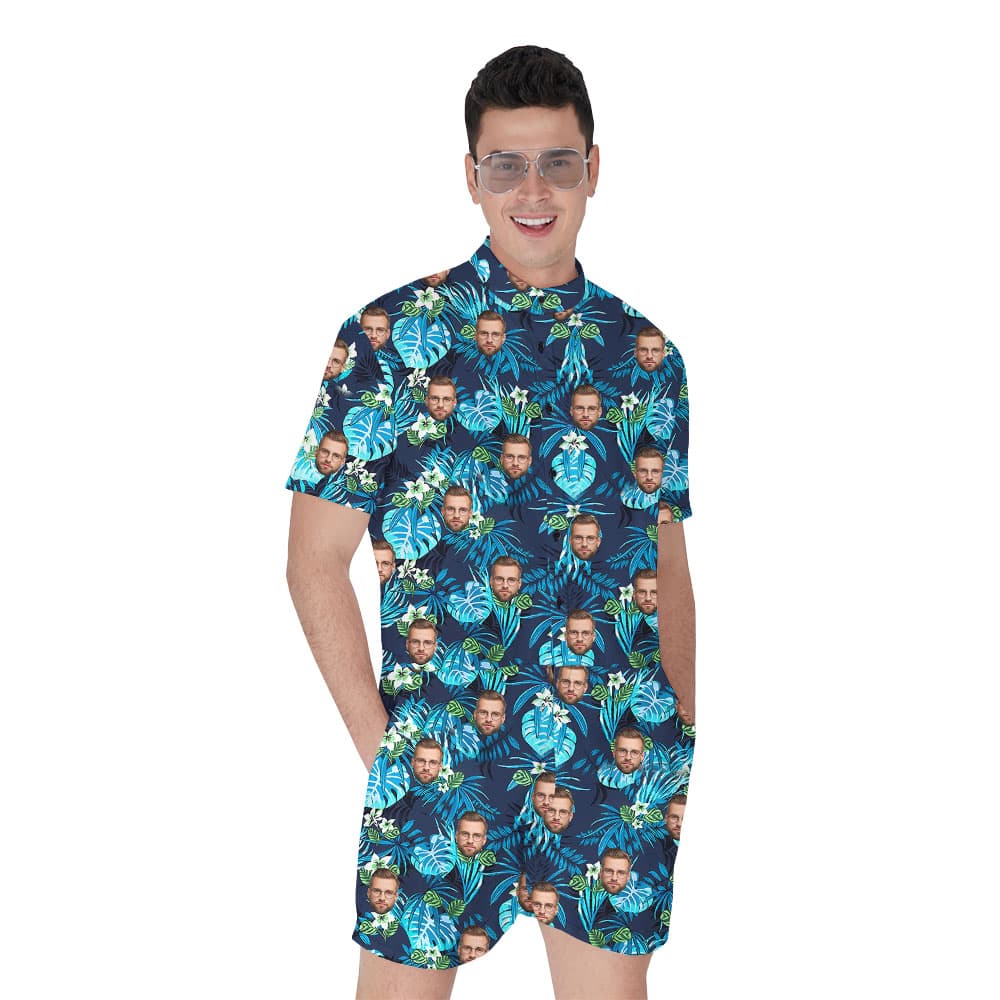 Personalized 1-5 Face Men's Romper With Tropical Blue