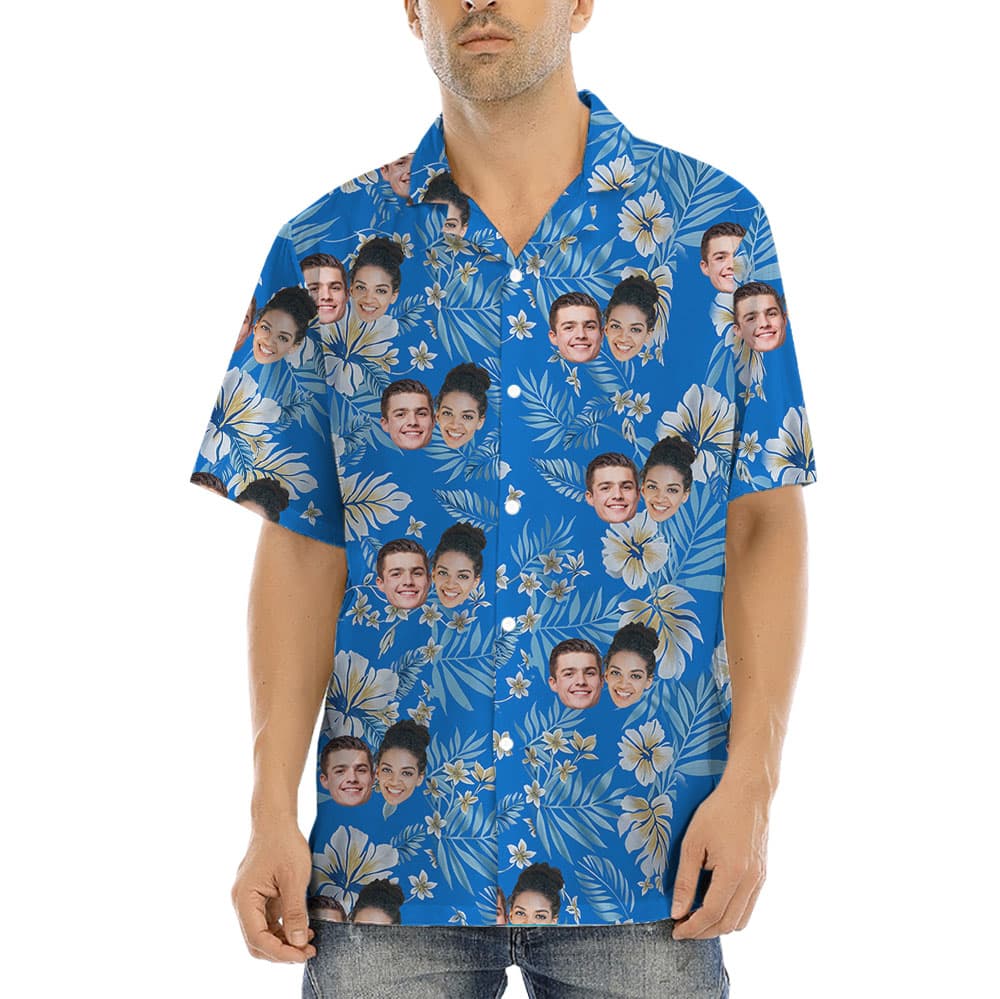 Personalized 1-5 Faces Blue Male Hawaiian Shirts
