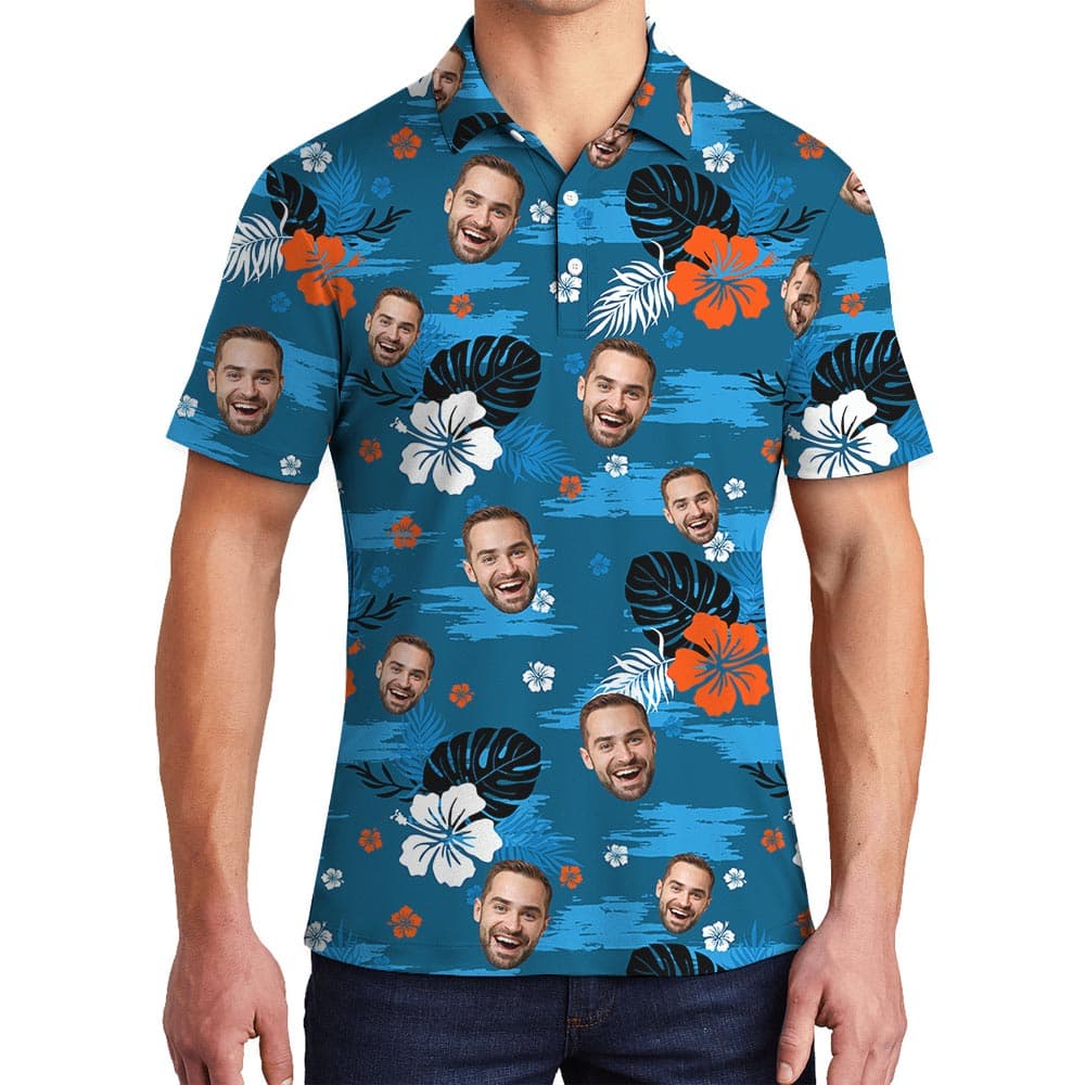 Personalized Blue Hawaiian Polo Shirt With Any Photos with classic fit polo style and beautiful Aloha print