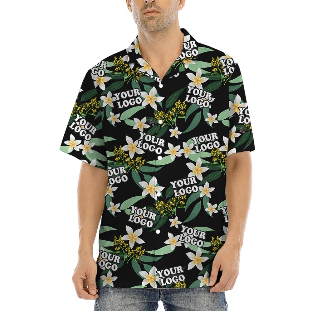 Personalized Company Logo Button Up Hawaiian Shirt features tropical pattern on a black theme with flowers and customizable logo images