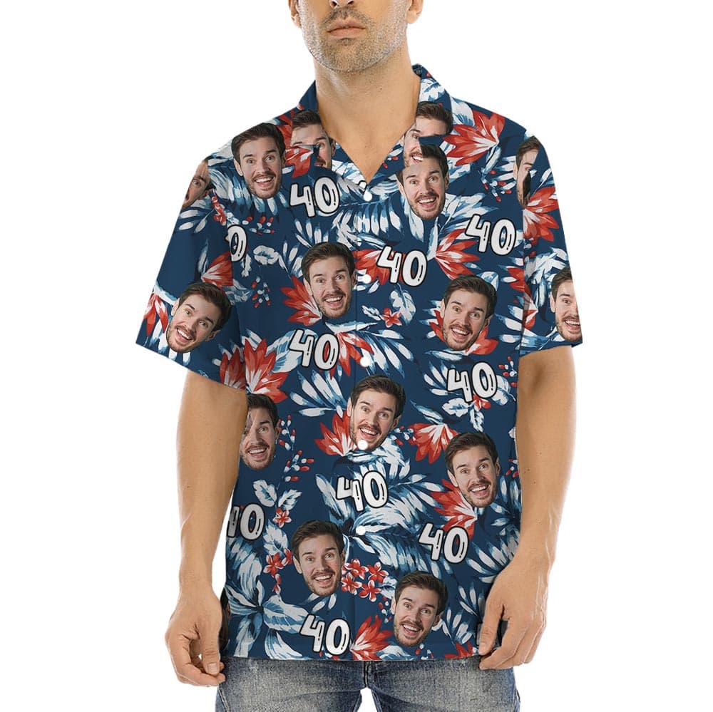 Personalized Face Birthday Hawaiian Button Up Shirt Navy allows custom face and age of the birthday person on the tropical theme